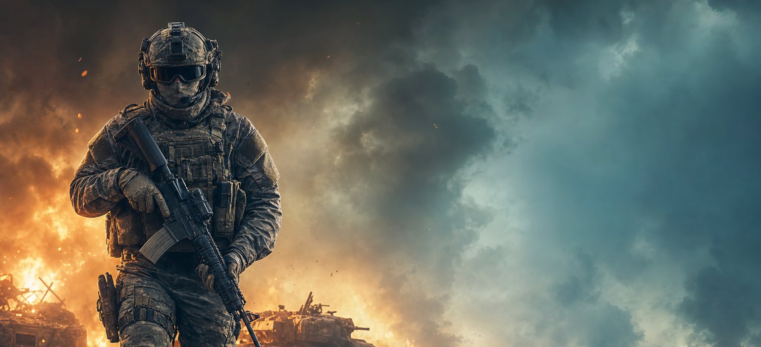 A soldier advancing across a battlefield