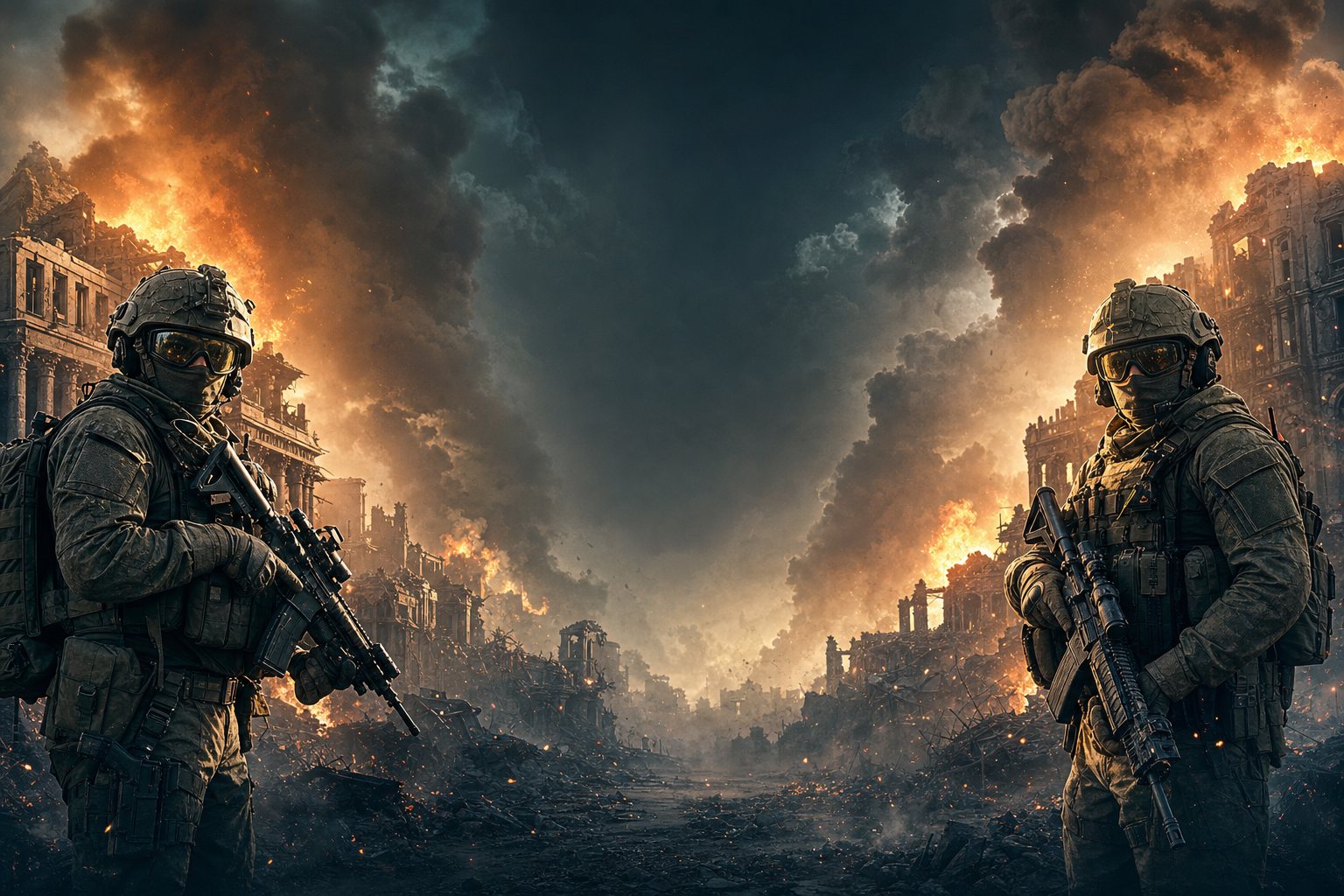 Two soldiers standing in a burning city